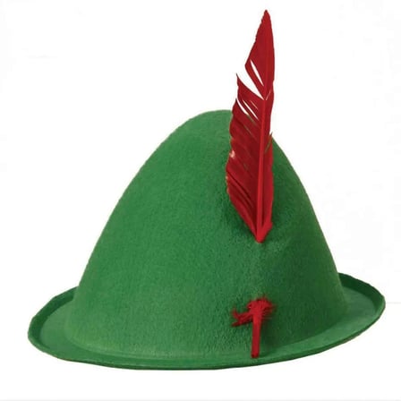 Hediyelik Yeşil Renk Kırmızı Tüylü Peter Pan Şapkası Robin Hood Şapkası 24x23 Cm