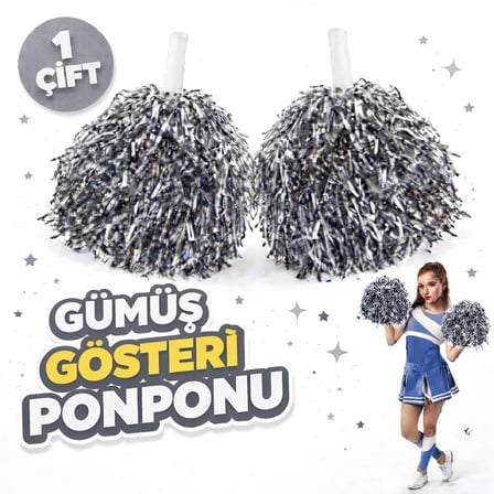 Hediyelik 1 Çift ( 2 Adet ) Gümüş Renk 23 Nisan 19 Mayıs 29 Ekim Okul Gösteri Ponponları Ekstra Dolgun