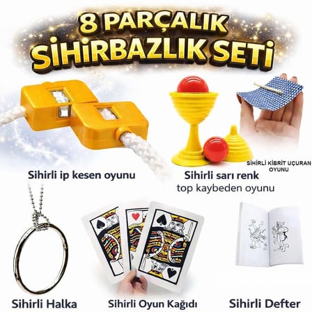 Hediyelik 8’li Sihirbazlık Seti (kibrit, Defter, Halka, Kupa, İp, 3’lü Kart)