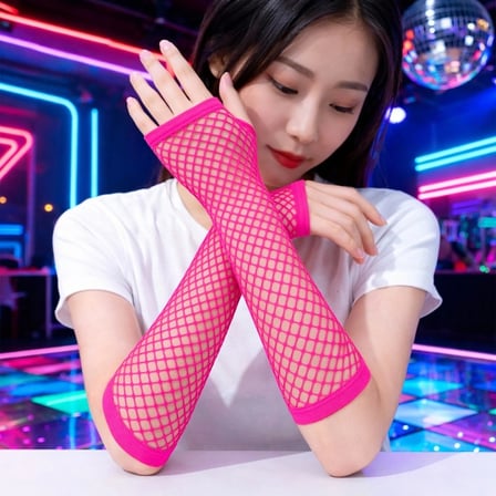 Hediyelik 80’ler 90’lar Retro Neon Fuşya Şeker Pembesi File Parmaksız Eldiven 26 Cm