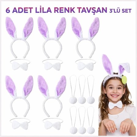 Hediyelik Lila Tavşan Sahne Seti 6&amp;#39;lı Set Taç Papyon Kuyruk