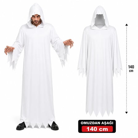 Hediyelik Yetişkin Beyaz Kapüşonlu Cellat Hayalet Kostümü 140 Cm