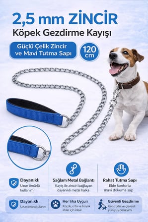 Zincir Köpek Gezdirme Kayışı Dalı Çelik &amp; Ergonomik Tutma Saplı 2,5 mm-120 cm Mi