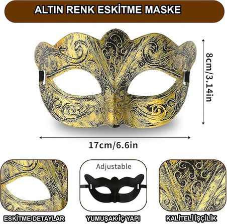 Altın Renk Eskitme Maskeli B Maskesi – Venedik Tarzı Parti Maskesi