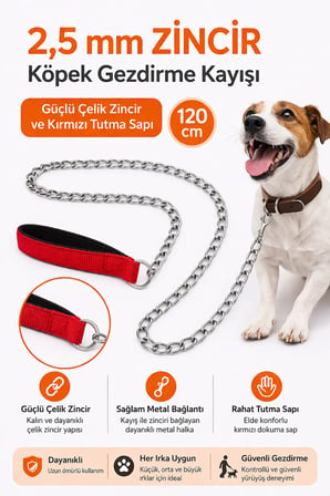 Zincir Köpek Gezdirme Kayışı Dalı Çelik &amp; Ergonomik Tutma Saplı 2,5 mm-120 cm Kırmızı