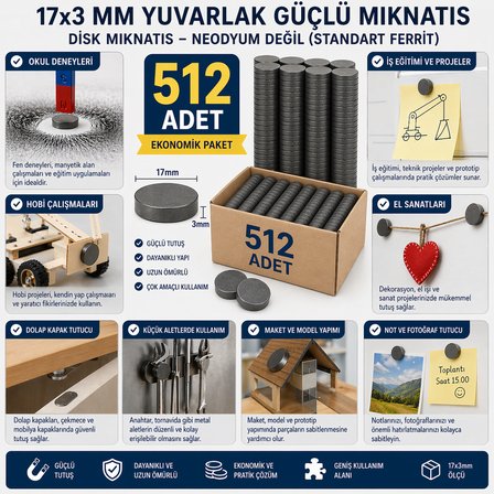 512 Adet Mıknatıs 17x3 mm Yuvarlak Güçlü Mıknatıs Disk Mıknatıs