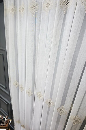 Gold Altın Bohre Damask  işlemeli Salon Model Tasarım 3Kat Pileli Tül perde