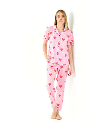 Kalp Baskı Kadın Pijama Takımı