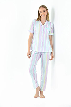Çizgili Gömlek Yaka Kadın Pijama Takımı