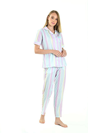 Çizgili Gömlek Yaka Kadın Pijama Takımı