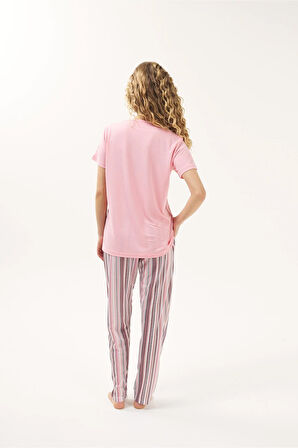 Somon Çizgili Viskon Kadın Pijama Takımı