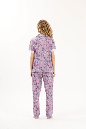 Desenli Gömlek Yaka Pamuklu Kadın Pijama Takımı