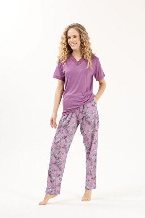Dantel Detaylı Çiçekli Pamuk 2'li Kadın Pijama Takımı
