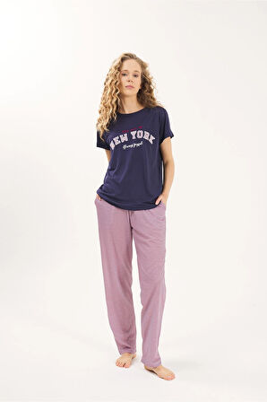 Lacivert Viskon 2'li Kadın Pijama Takımı
