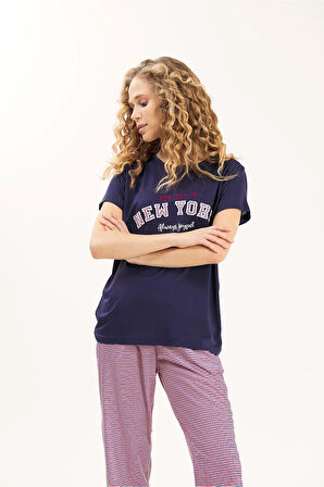 Lacivert Viskon 2'li Kadın Pijama Takımı