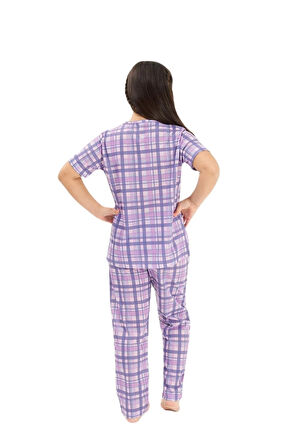 Yarım Kollu Kız Çocuk Ekose Pamuk Pijama Takım Ckp376