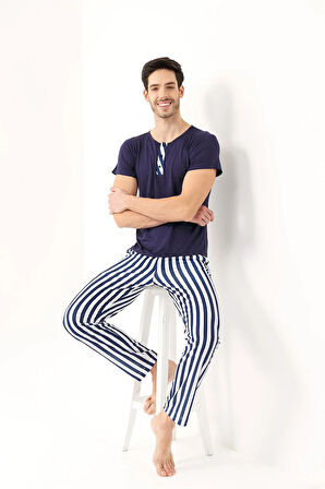 YENİ İNCİ ÇİZGİLİ VİSKON 3'LÜ ERKEK PİJAMA TAKIMI