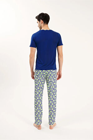 Lacivert Viskon Yuvarlak Yaka Erkek Pijama Takımı