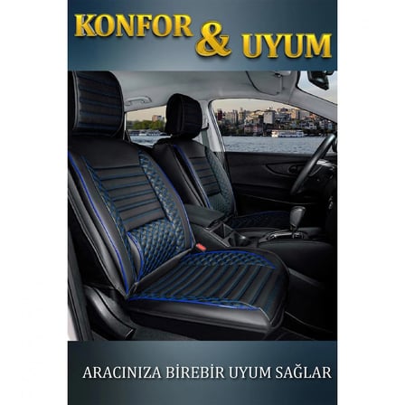 Ford Focus Trend X Uyumlu Lüx Deri Oto Koltuk Kılıfı Ön Arka Takım Safir SİYAH MAVİ
