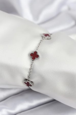 316L Çelik Gümüş Renk Bordo Baby Boy Yonca Kadın Bileklik - TJ-BB7951