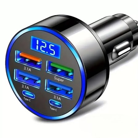 6 Portlu Hızlı Araç Şarj Cihazı – 4 USB + 2 Type-C Çıkışlı Dijital Göstergeli Oto Şarjı