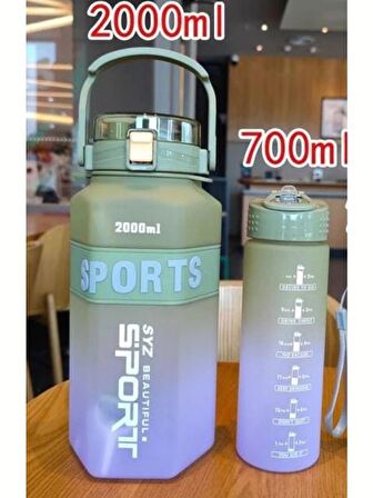 YAŞİL-LİLA 2'li SET Sport Motivasyonel Su Matarası Su Şişesi 2 Lt + 700 Ml Tritan - ALTIGEN