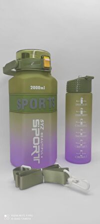 YAŞİL-LİLA 2'li SET Sport Motivasyonel Su Matarası Su Şişesi 2 Lt + 700 Ml Tritan - ALTIGEN