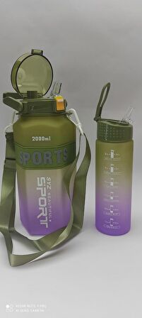 YAŞİL-LİLA 2'li SET Sport Motivasyonel Su Matarası Su Şişesi 2 Lt + 700 Ml Tritan - ALTIGEN