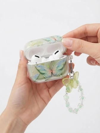 AirPods 3 Uyumlu Simli Kulaklık Kılıfı - 3D Kabartmalı Yeşil butterfly figürlü Boncuk Zincir Askılı Esnek TPU Kılıf