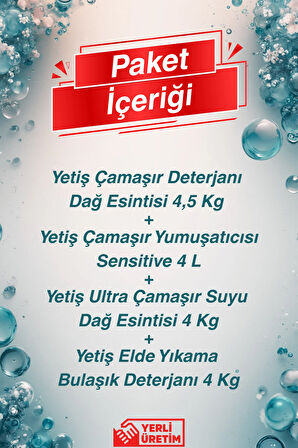 Yetiş Çamaşır Deterjanı Dağ Esintisi 4,5 kg + Yumuşatıcı Sensitive 4 lt + Bulaşık Deterjanı 4 kg + Ultra Çamaşır Suyu 4 kg