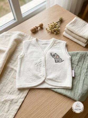 Gökçe Baby Fil Nakışlı Bebek Yeleği – %100 Pamuk, Yumuşak Dokulu, Çıtçıtlı Unisex Bebek Yeleği