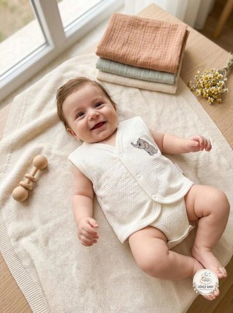 Gökçe Baby Fil Nakışlı Bebek Yeleği – %100 Pamuk, Yumuşak Dokulu, Çıtçıtlı Unisex Bebek Yeleği