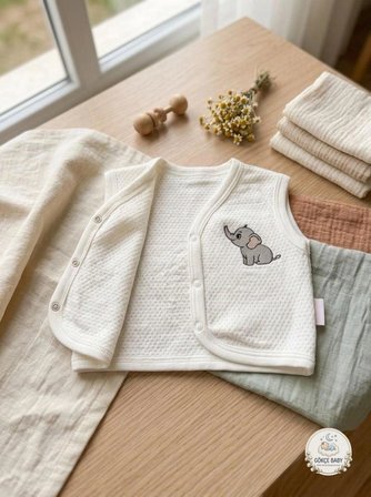 Gökçe Baby Fil Nakışlı Bebek Yeleği – %100 Pamuk, Yumuşak Dokulu, Çıtçıtlı Unisex Bebek Yeleği