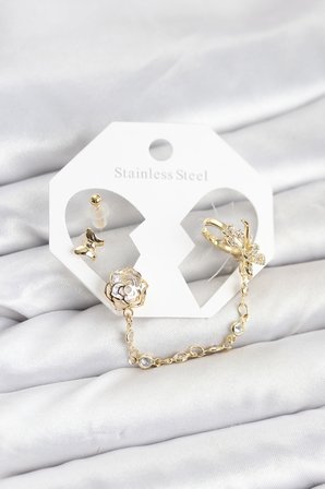Pirinç Gold Renk Kelebekli Model Zincir Bağlantılı Ear Cuff Küpe Seti 5886