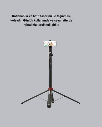 Kablosuz Çift Yaka Mikrofonu ve Tripodlu Selfie Çubuğu İçerik Üretici Seti