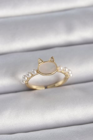 Pirinç Gold Renk Ayarlanabilir Beyaz Mineli Kedi Model İnci Detay Kadın Yüzük 5