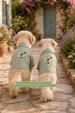 Kedi-Köpek Kıyafeti, Premium Keten Kumaş, Küçük Ve Orta Irklar İçin, Yeşil, Kuş Nakışlı Tasarım Kedi/Köpek Gömleği