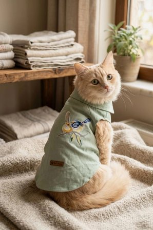 Kedi-Köpek Kıyafeti, Premium Keten Kumaş, Küçük Ve Orta Irklar İçin, Yeşil, Kuş Nakışlı Tasarım Kedi/Köpek Gömleği