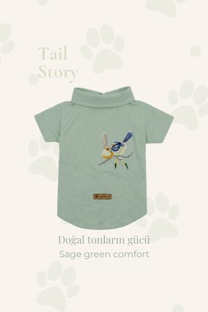Kedi-Köpek Kıyafeti, Premium Keten Kumaş, Küçük Ve Orta Irklar İçin, Yeşil, Kuş Nakışlı Tasarım Kedi/Köpek Gömleği