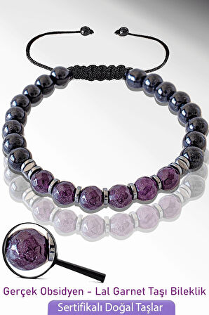 Sertifikalı Doğal Obsidyen - Lal Garnet Granat Taşı Bileklik - Ayarlamalı