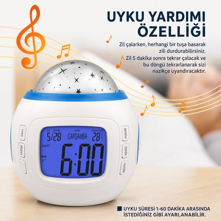 Yıldızlı Gökyüzü Projektörlü Dijital Çalar Saat – Müzikli Uyku Lambası, Erteleme Fonksiyonlu, Sıcaklık ve Tarih Göstergeli Gece Lambası