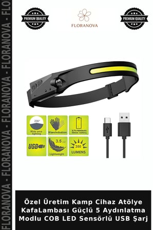 Özel Üretim Kamp Cihaz Atölye KafaLambası Güçlü 5 Aydınlatma Modlu COB LED Sensörlü USB Şarj