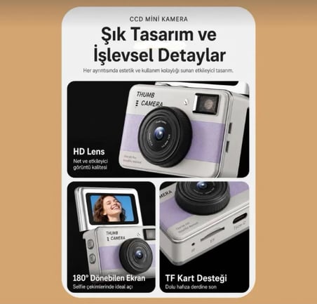 Y1 THUMB MİNİ KAMERA-180 DERECE DÖNEN EKRANLI RETRO SELFIE KAMERASI