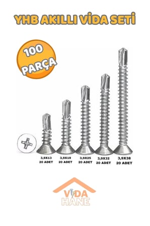 VİDA HANE 100 PARÇA YHB AKILLI VİDA SETİ 3,9X13 - 3,9X19 - 3,9X25 - 3,9X32 - 3,9X38 PH2