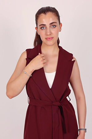 Kadın Bordo Kolsuz Kuşaklı Yelek