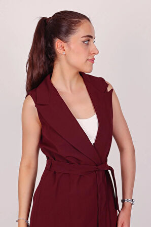 Kadın Bordo Kolsuz Kuşaklı Yelek