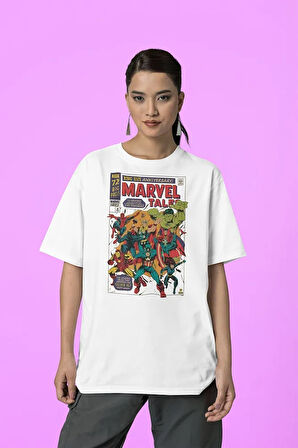 Marvel Tale Kahramanlar Baskılı Dergi Kapağı Baskılı Unisex Oversize Tişört