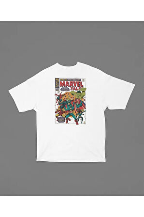 Marvel Tale Kahramanlar Baskılı Dergi Kapağı Baskılı Unisex Oversize Tişört