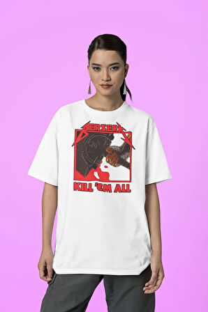 Berserk Kill 'Em All Baskılı Unisex Tasarım Tişört, Oversize Anime Tişört