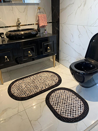 Minares Model Dama Desen 2'li Lateks Taban Banyo Paspas Takımı (60X100 - 60X50) Siyah-kahverengi